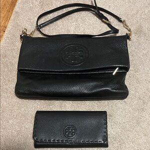 Tory Burch Black Leather Shoulder Bag and Wallet Set